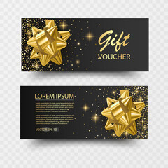 Set of Gift Voucher Card Template, Advertising or Sale. template with glitter texture and realistic bow, vector illustration