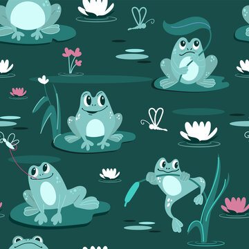 Seamless pattern with funny frogs in the swamp. Cartoon-style illustration. vector.