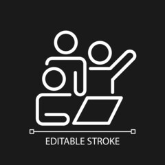 Team meeting pixel perfect white linear icon for dark theme. Brainstorming together. Group project. Thin line illustration. Isolated symbol for night mode. Editable stroke. Arial font used
