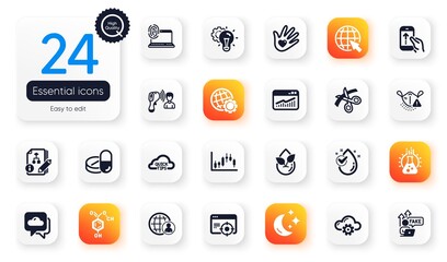 Set of Science flat icons. Electronic thermometer, Social responsibility and Chemical formula elements for web application. Fake internet, Weather forecast, Internet icons. Quick tips. Vector