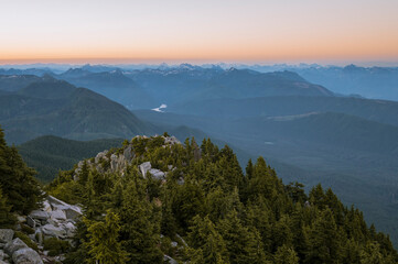 Views of mountains and valleys at sunrise in the north cascades