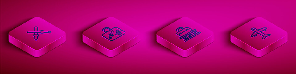 Set Isometric line Marshalling wands, Suitcase, Conveyor belt with suitcase and Plane icon. Vector