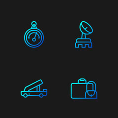 Set line Suitcase, Passenger ladder, Barometer and Radar. Gradient color icons. Vector