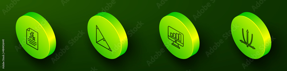 Poster set isometric line function mathematical symbol, angle bisector of triangle, computer monitor with g
