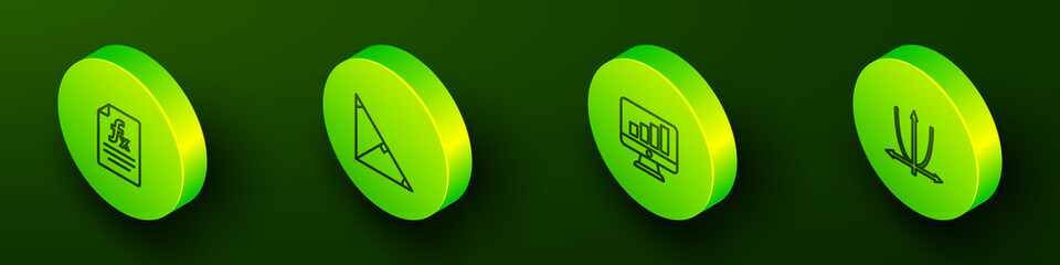 Set Isometric line Function mathematical symbol, Angle bisector of triangle, Computer monitor with graph chart and Graph, schedule, chart, diagram icon. Vector