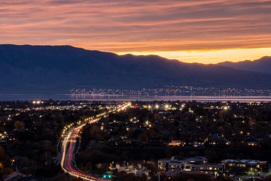 Traffic and sunset in Utah overlooking Orem city