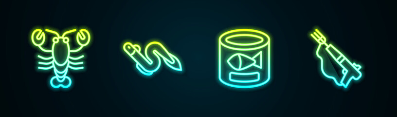 Set line Lobster, Eel fish, Canned and Fishing harpoon. Glowing neon icon. Vector