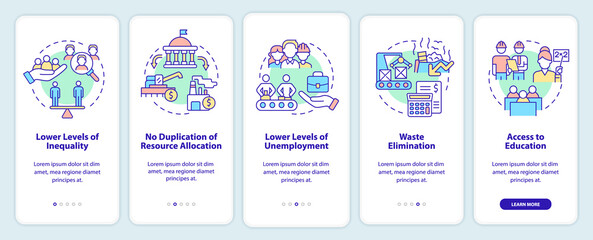 Centrally planned ES advantages onboarding mobile app screen. Walkthrough 5 steps graphic instructions pages with linear concepts. UI, UX, GUI template. Myriad Pro-Bold, Regular fonts used