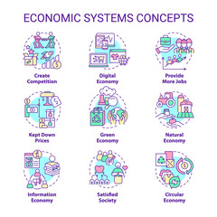 Economic systems concept icons set. Manufacturing and distribution. Goods and service idea thin line color illustrations. Isolated symbols. Editable stroke. Roboto-Medium, Myriad Pro-Bold fonts used