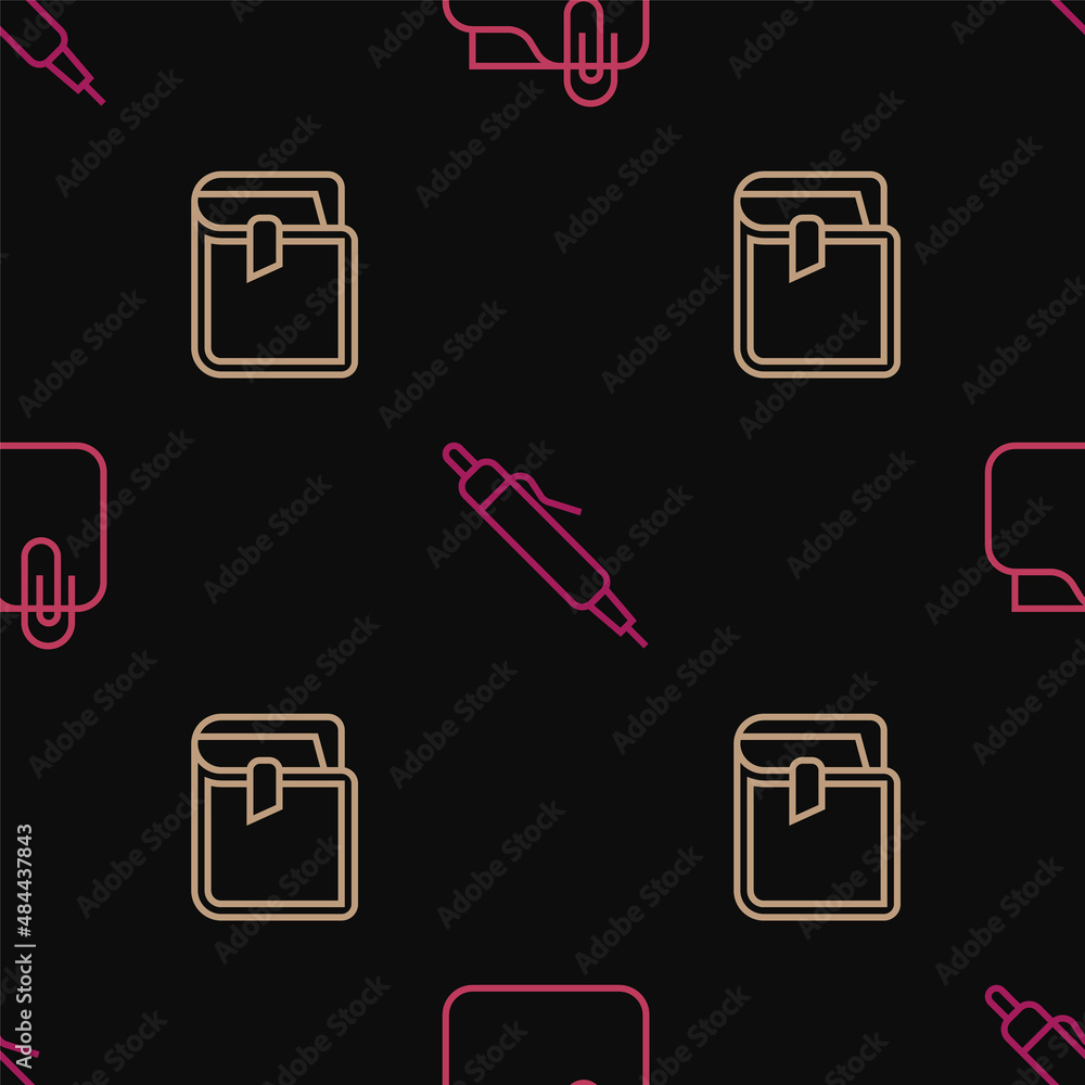 Poster set line document folder with clip, book and pen on seamless pattern. vector