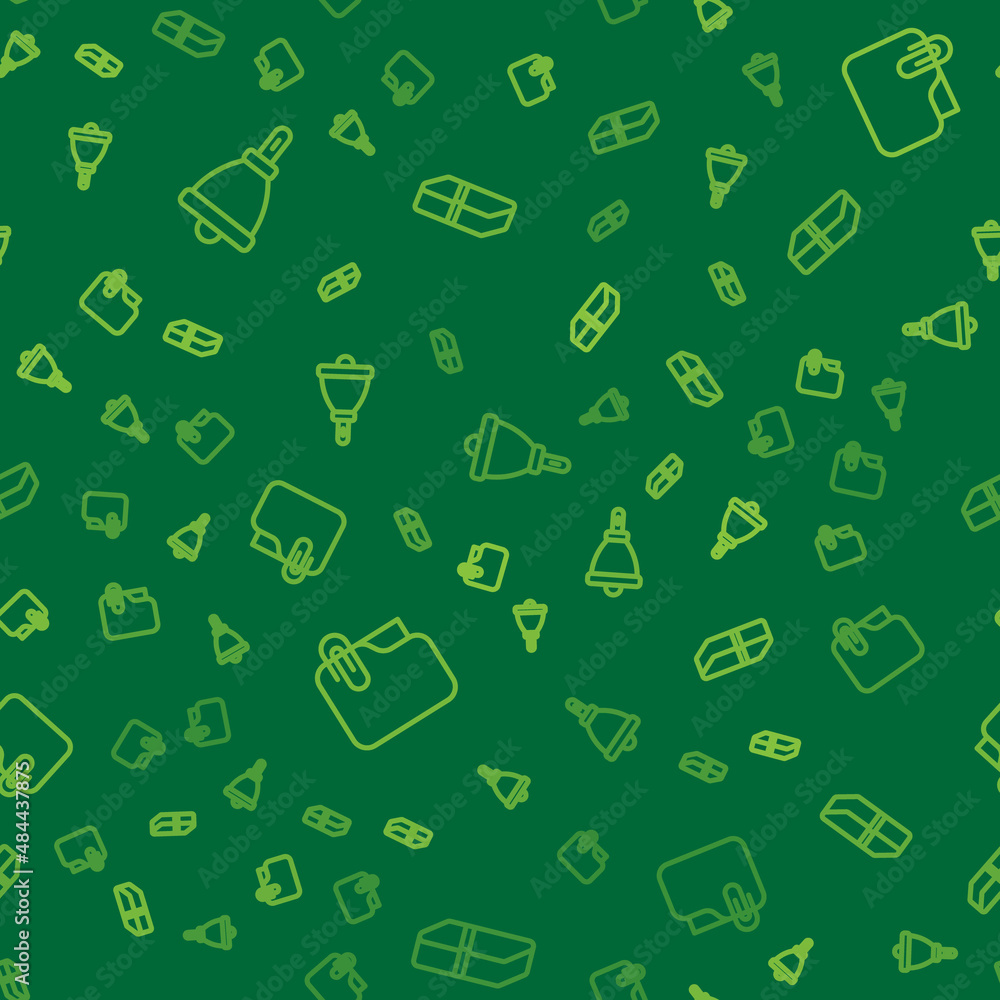 Poster set line ringing bell, document folder with clip and eraser or rubber on seamless pattern. vector