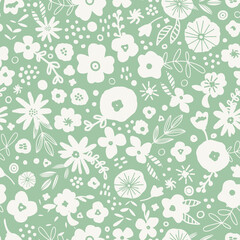 Sage green botanical illustrations seamless repeat pattern. Random placed, vector scandinavian flowers with leaves and dots all over surface print.