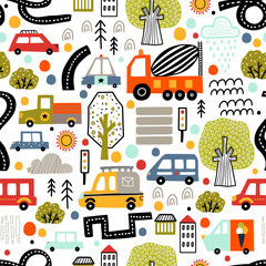 Cute kids seamless pattern with cars, road, park, houses on a white background.Can be used in textile industry, paper, background, scrapbooking.Vector