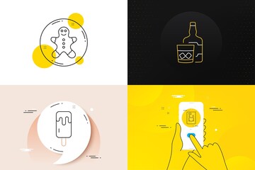 Minimal set of Coffee vending, Whiskey glass and Gingerbread man line icons. Phone screen, Quote banners. Ice cream icons. For web development. Vector