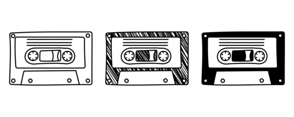 Set of hand drawn vector Audio cassette tape in doodle cartoon style