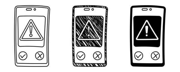 Set of hand drawn vector telephones with warning sign in doodle cartoon style