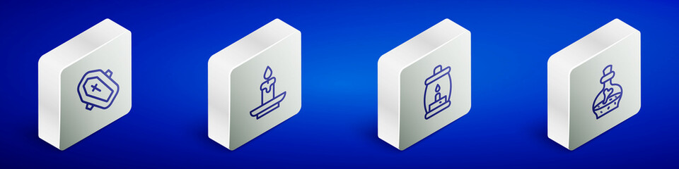 Set Isometric line Coffin with cross, Burning candle, Camping lantern and Bottle potion icon. Vector