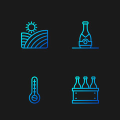 Set line Bottles of wine in box, Meteorology thermometer, Vineyard grapes and Champagne bottle. Gradient color icons. Vector