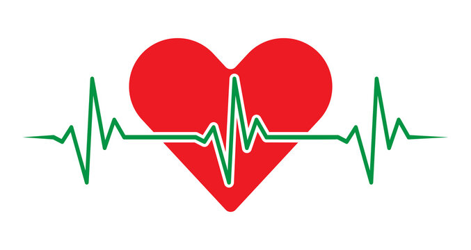 Red heart with green EKG, ECG line on white background. Creative medical vector design to use in healthcare, healthy lifestyle, medical care, cardiology project.