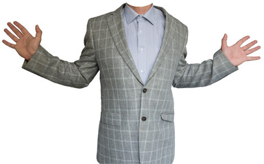 Body of businessman in gray plaid suit, blue shirt with small stripes. Man spreads his arms wide in welcoming, inviting gesture. Concept: Friendly meeting, charisma leading to success in agreement.