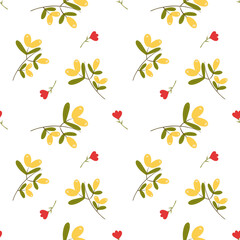 Vector seamless pattern on a white background yellow berries and red flowers