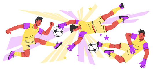 Soccer or football banner with players male characters. Football championship and sport match background template for flyers and leaflets, flat cartoon vector illustration isolated on white.