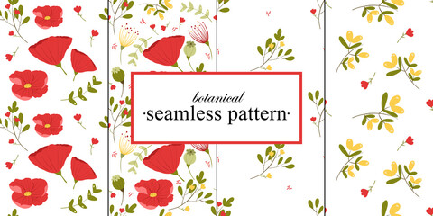 Set of vector hand drawn seamless patterns on white and blue background with red yellow and green flowers