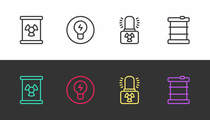 Set line Radioactive waste in barrel, Light bulb with concept of idea, warning lamp and on black and white. Vector