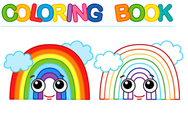 Coloring page funny smiling rainbow. Vector coloring book for childrens activity