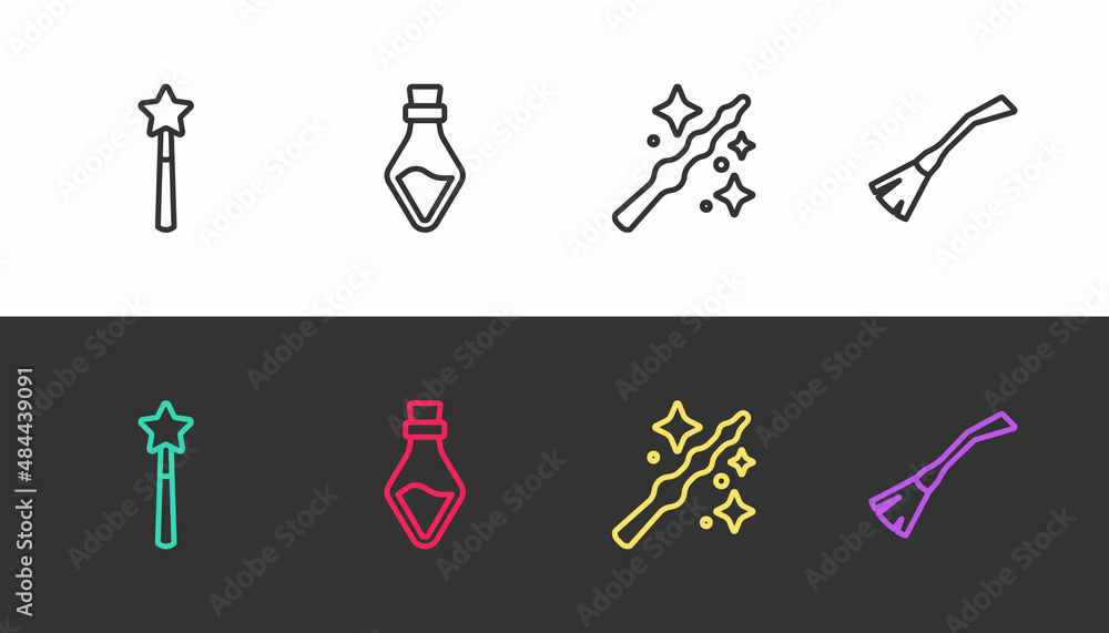 Poster Set line Magic wand, Bottle with potion, and Witches broom on black and white. Vector