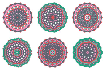 A set of beautiful oriental mandalas in muted tones: red, pink, green. Circular symmetrical pattern. Ethnic vector illustration.