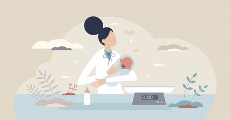 Neonatal nurse childcare for premature newborn babies tiny person concept. Clinical infant weight measurements and hospital intensive care after medical problems or birth defects vector illustration.
