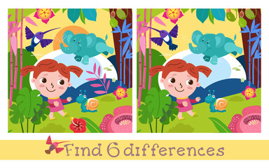 Girl travels through jungle, tropical forests. Characters in cartoon style. Find 6 differences. Game for children. Vector full color illustration.