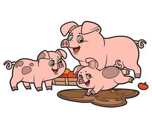 Pigs near the feeder and a piglet jumps into the mud color variation for coloring book on white background