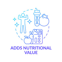 Adds nutritional value blue gradient concept icon. Genetically modified food. Advantages of gmo abstract idea thin line illustration. Isolated outline drawing. Myriad Pro-Bold fonts used