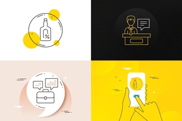 Minimal set of Fitness water, Business portfolio and Exhibitors line icons. Phone screen, Quote banners. Alcohol free icons. For web development. Drink bottle, Job interview, Information desk. Vector