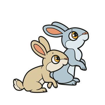 Cute cartoon two rabbits color variation for coloring book on white background