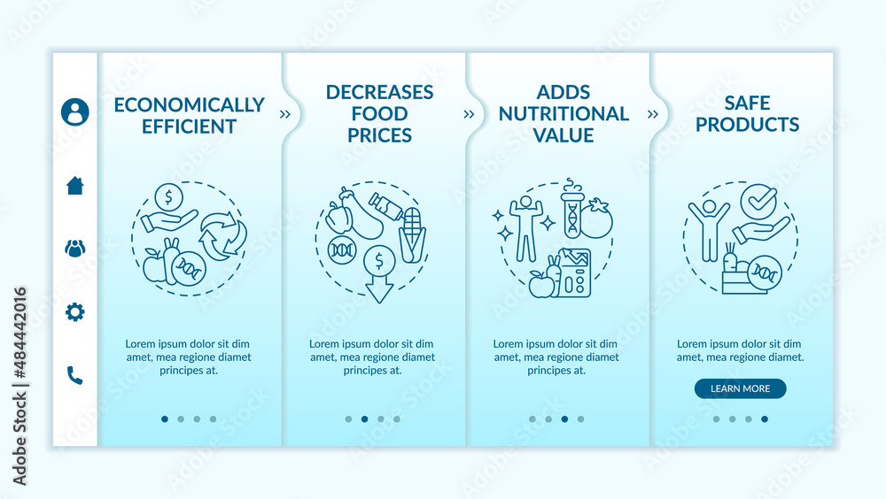 Poster advantages of gmo turquoise gradient onboarding template. food issues. responsive mobile website wit