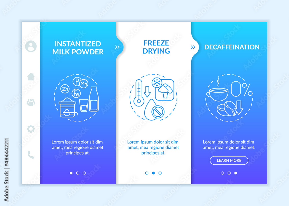 Poster food technology blue gradient onboarding template. processing products. responsive mobile website wi