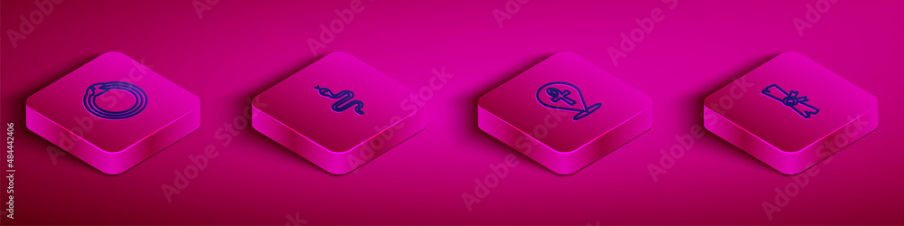Poster set isometric line magic symbol of ouroboros, snake, cross ankh and papyrus scroll icon. vector