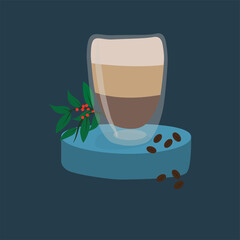 transparent cup of coffee on a blue stand with coffee beans