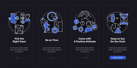 Escape room winning methods night mode onboarding mobile app screen. Walkthrough 4 steps graphic instructions pages with linear concepts. UI, UX, GUI template. Myriad Pro-Bold, Regular fonts used