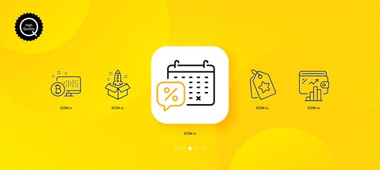 Startup, Wallet and Discounts calendar minimal line icons. Yellow abstract background. Loyalty tags, Bitcoin system icons. For web, application, printing. Innovation, Money account, Sale month. Vector