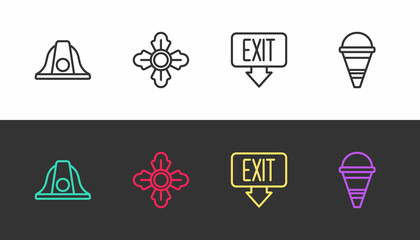 Set line Firefighter helmet, exit and cone bucket on black and white. Vector