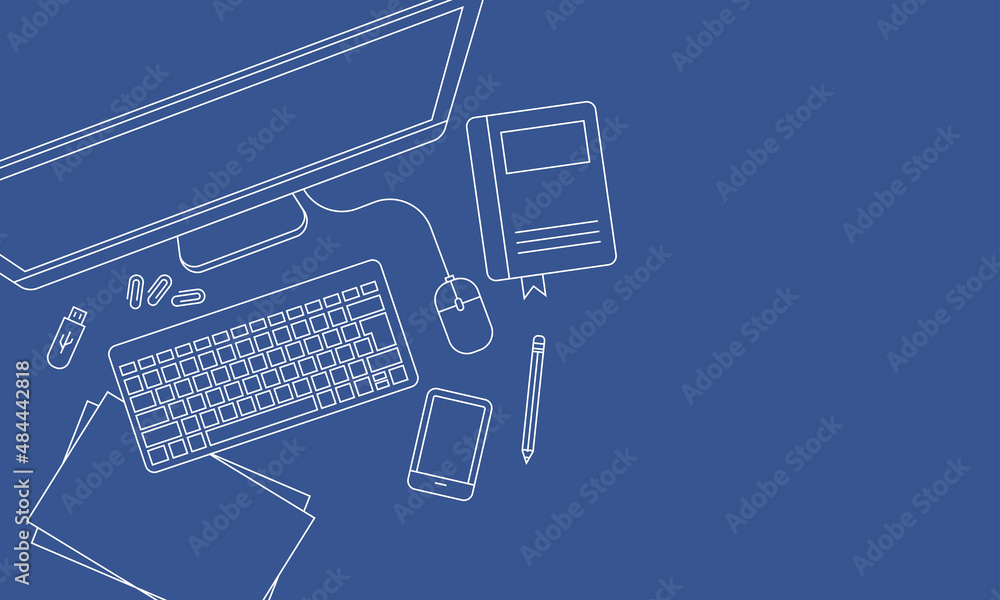 Poster top view of working desktop. suitable for design element of freelancer office table and productivity