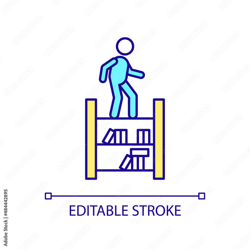 Poster jumping on bookshelves rgb color icon. dont climb furniture. behavior problem. escape room restricti