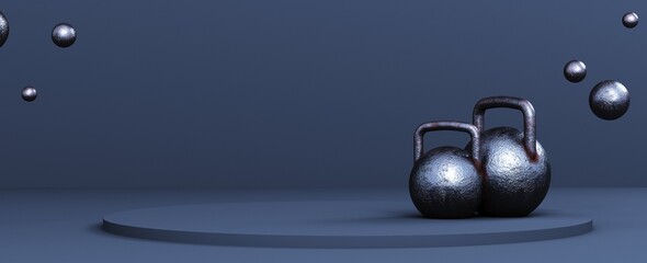 fitness equipment. kettlebells isolated on a podium on a colored background. 3d rendering
