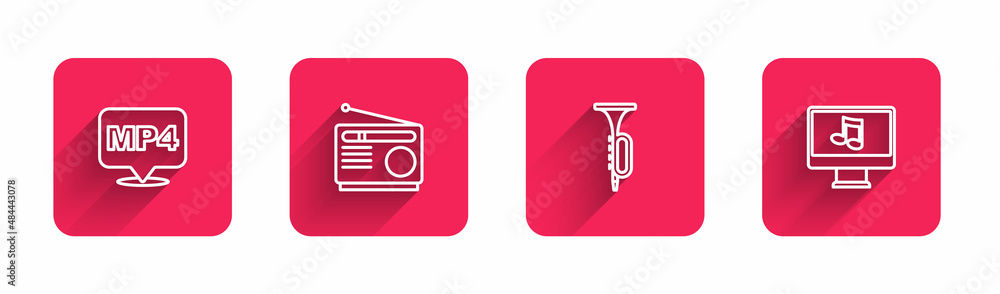 Poster set line mp4 file document, radio, trumpet and computer with music note with long shadow. red square