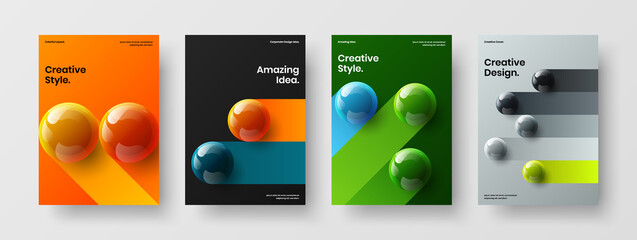 Amazing magazine cover design vector layout set. Bright 3D spheres company identity illustration composition.