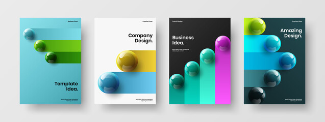 Trendy corporate brochure design vector template collection. Modern realistic spheres annual report illustration composition.